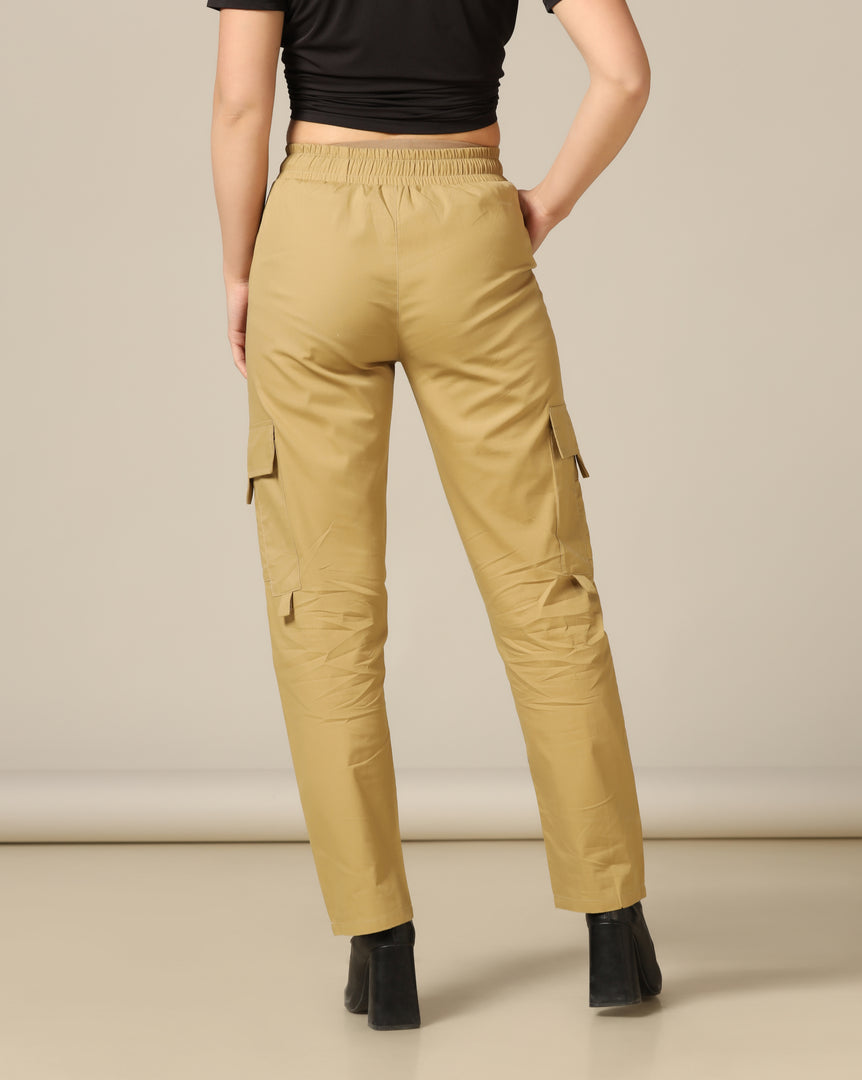 Tagdo Cotton Multi-Pocket Cargo Pant for Women Gold