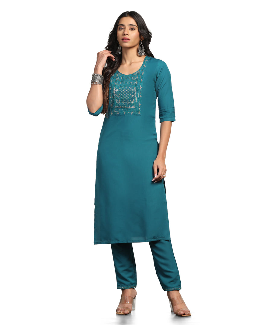TAGDO Women's Straight Sequence Work Kurti Set