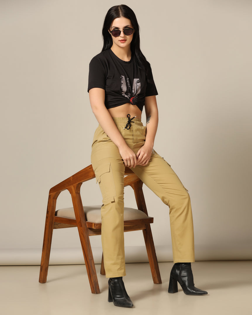 Tagdo Cotton Multi-Pocket Cargo Pant for Women Gold